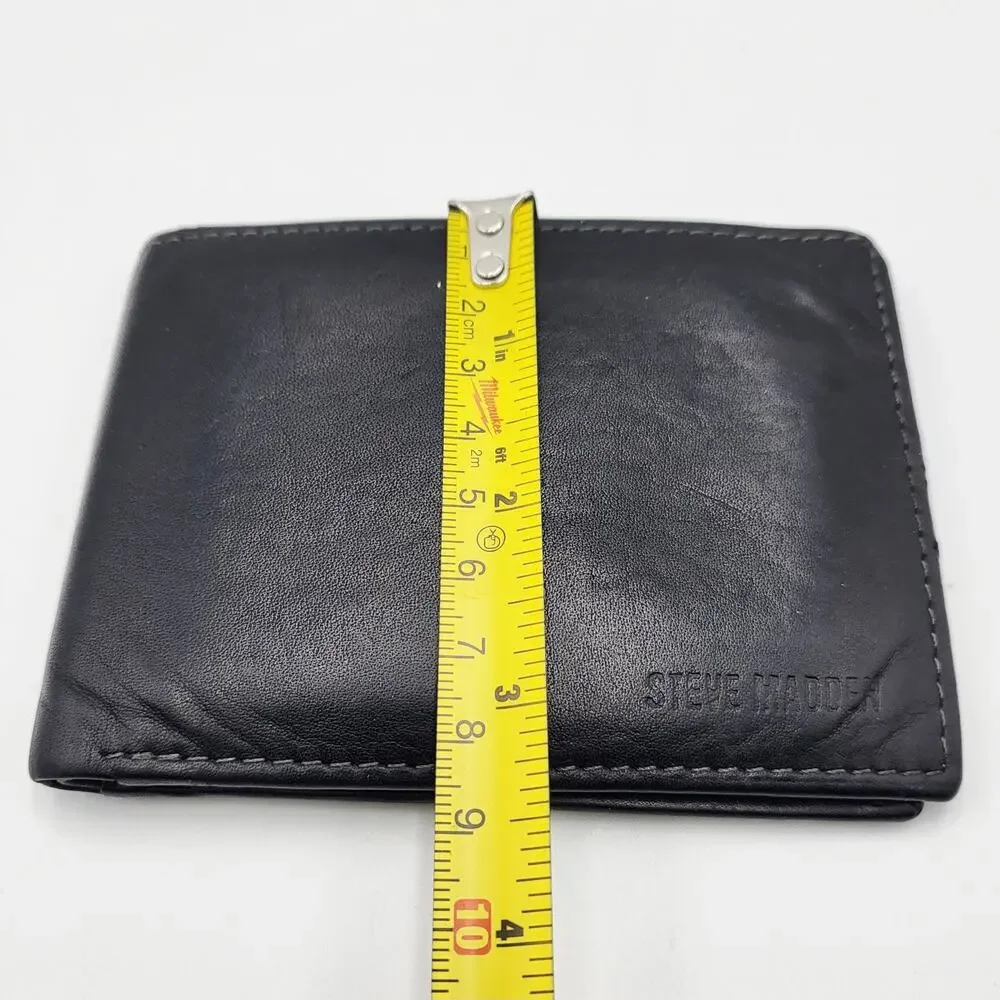 Steve Madden Black Genuine Leather Classic Bifold Men's Wallet Stitched Detail